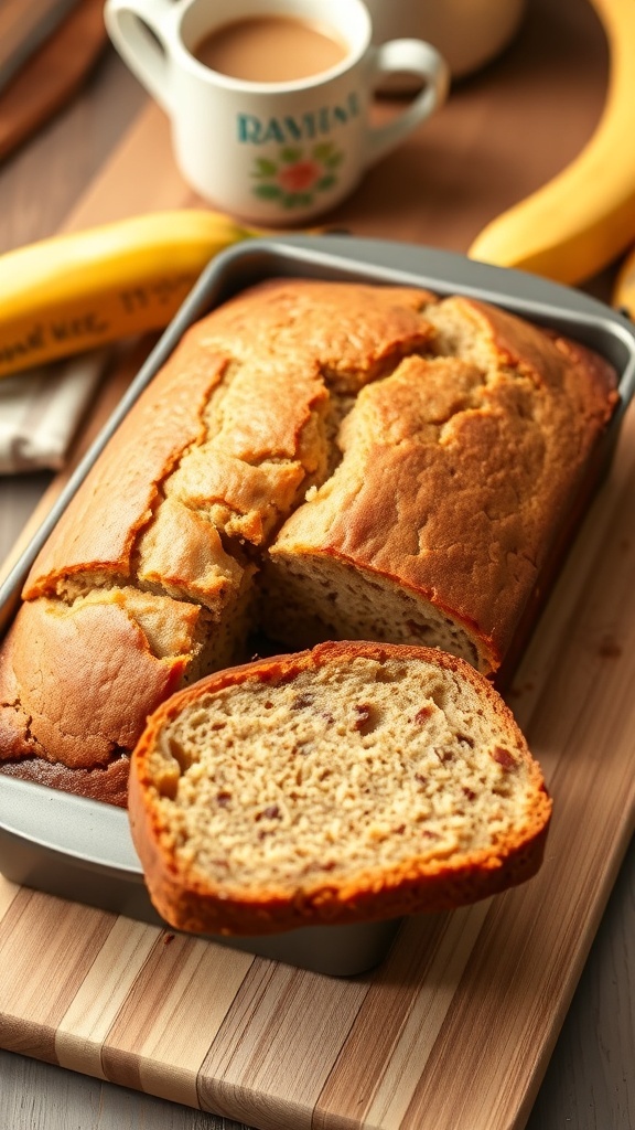 Freshly baked banana bread in a 9x9 pan, sliced and served on a wooden board with bananas.